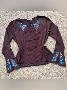 Brown & Blue Beaded Bell Sleeve Top